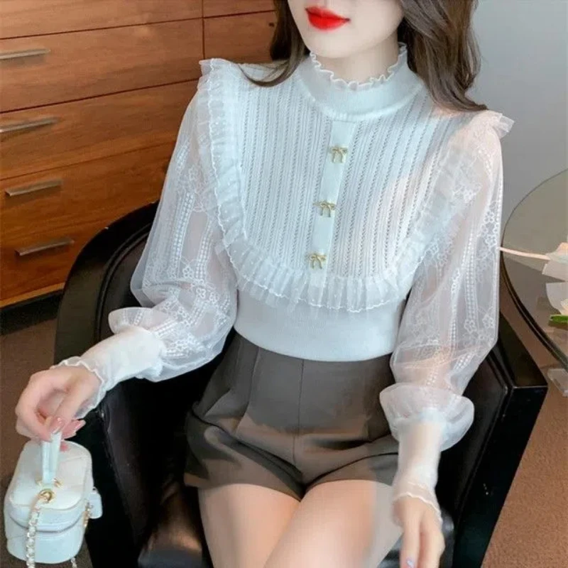 Korean Version 2024 Autumn New Fashion Splicing Half High Collar Button Gauze Chiffon Sleeve Slim Long Sleeved Knitted Tops