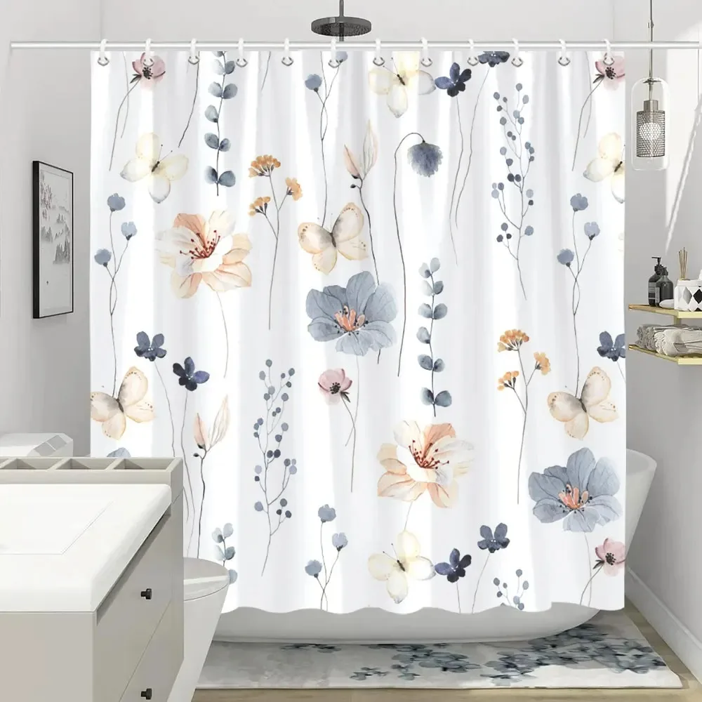 Colorful Flowers Shower Curtain for Bathroom Pink Floral Romantic Wildflower Plants Nature Scenery Decor Curtain Set with Hooks