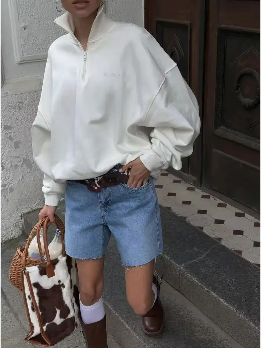 

Женская толстовка в стиле нормкор, минималистичная, американская ретро-модель с молнией до середины груди, пуловер с длинным рукавом, в стиле преппи, повседневная, весна 2026