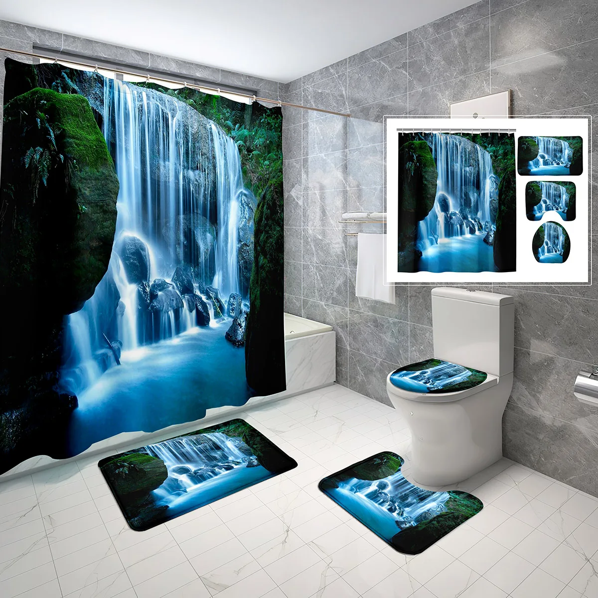 3D Waterfall Shower Curtain Set Natural Landscape Jungle Green Plants Bathroom Curtains with Hook Non-Slip Bath Mat Toilet Cover