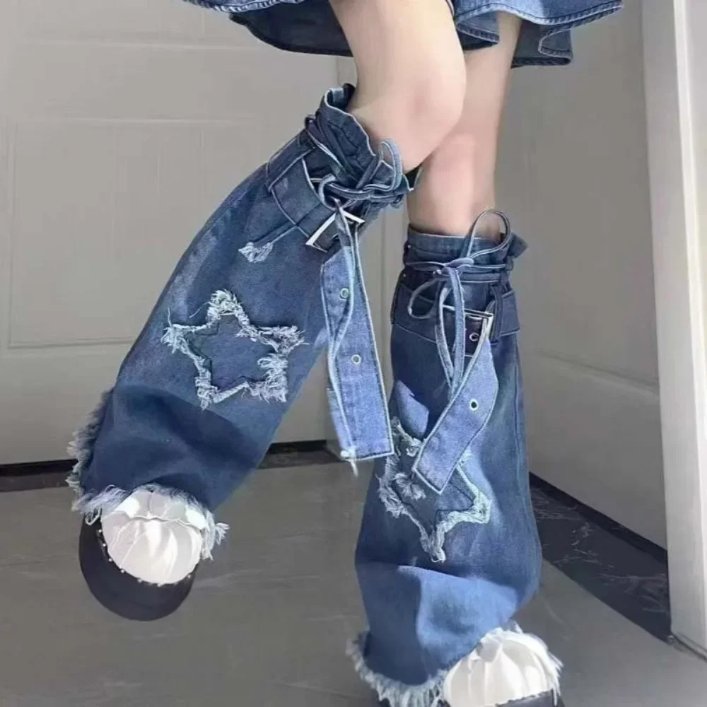 Japanese JK Lolita Y2K Denim Leg Warmers Denim Cloth Stars Cross Trumpet Leg Covers Drawstring Footcover Long Stockings Girls