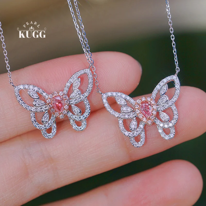 KUGG 100% 18K White Gold Necklace Real Natural Pink Diamond Pendant Necklace Romantic Butterfly Shape High Women's Party Jewelry