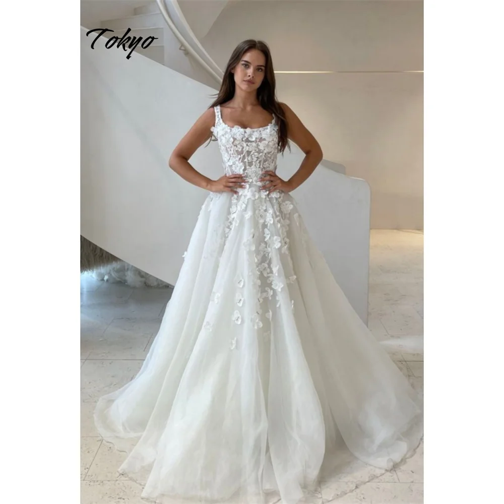 Vestido de novia con cuello cuadrado blanco personalizado de Tokio, vestido de novia sin mangas con cola de corte de flores en 3D, vestido de novia sin espalda de corte A
