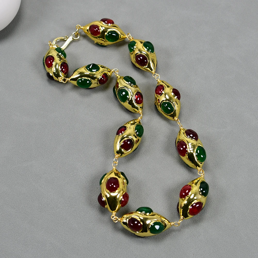 GG 18'' Green Red Mix Color Agate Gold Edge Plated Olivary Shape Necklace Handmade Women Simple Party Jewelry Gifts