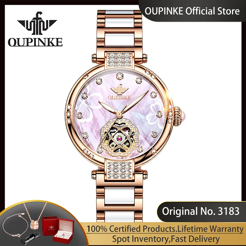 OUPINKE 3183 Women's Automatic Mechanical Watches Elegnat Rose Gold Ceramics Strap Hollow Clover Diamond Scale Ladies Wristwatch