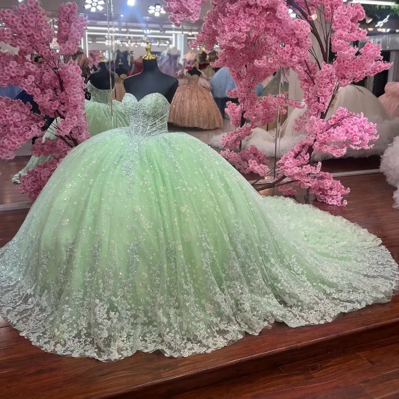 Angelsbridep Mint Green Quinceanera Dresses Ball Gown Off Shoulder Tulle Sequin Appliques Lace Beads Tull Tiered Sweet 16 Dress