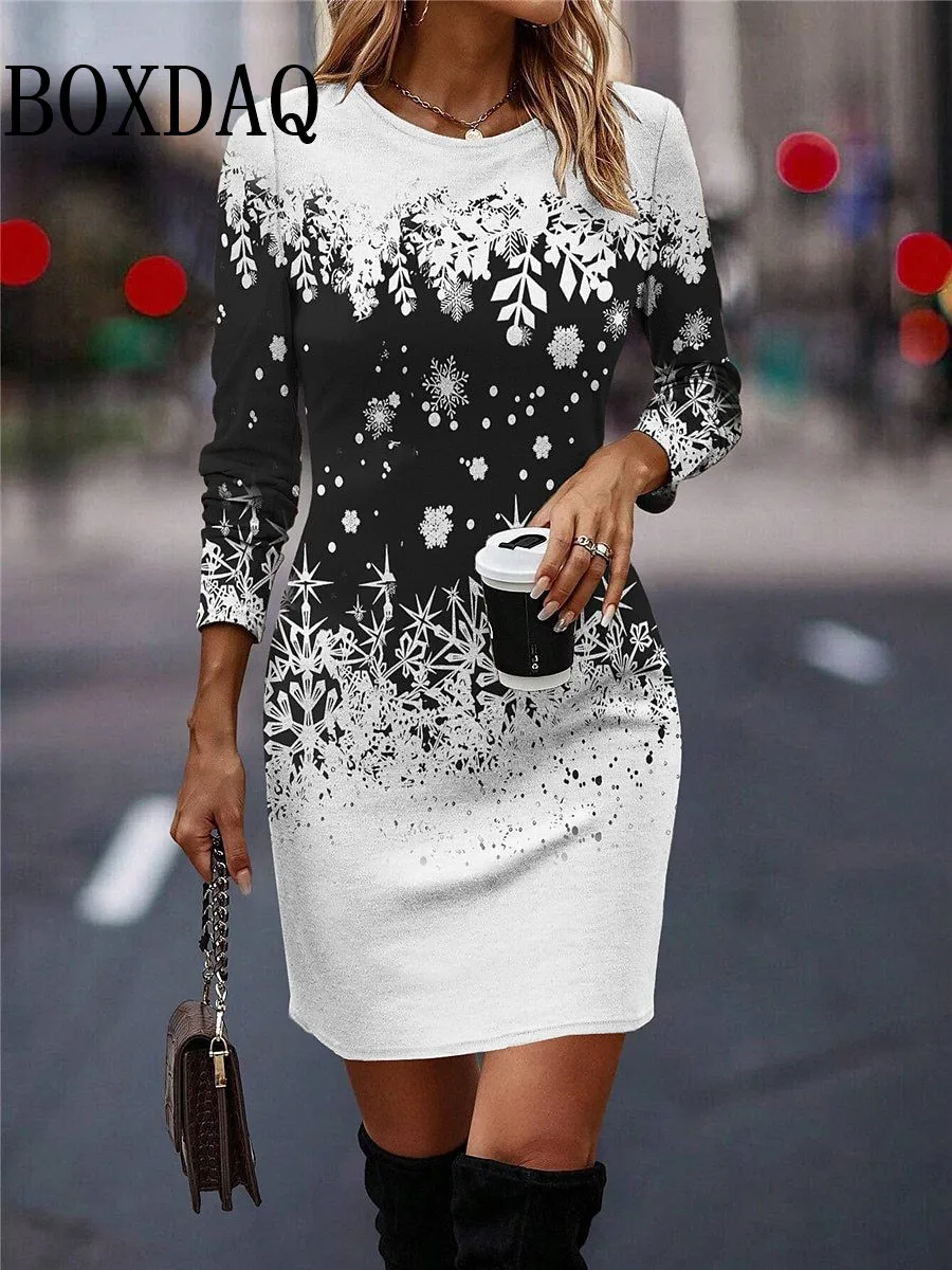 New 2025 Women Christmas Party Dress Cute Funny X-mas Snowman Snowflake 3D Printed Dress Winter Long Sleeve O-Neck Casual Dress