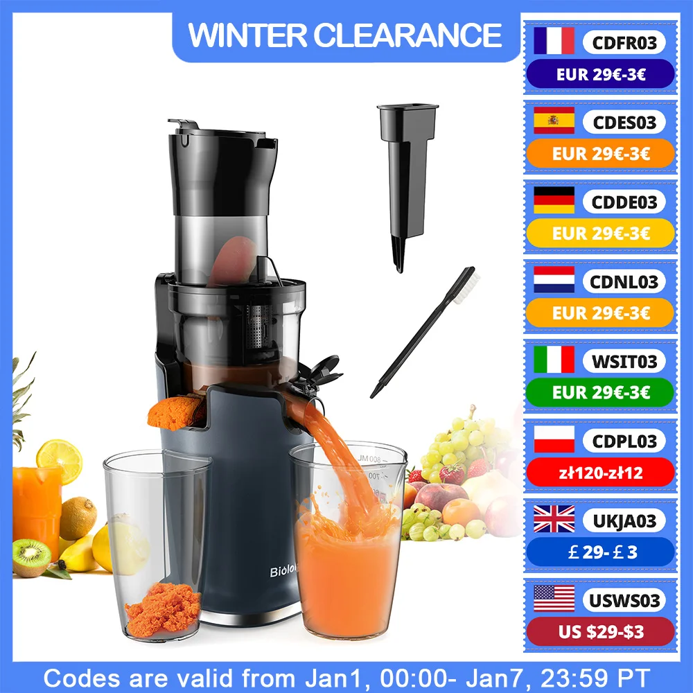 BioloMix Cold Press Juicer with 78mm Feed Chute, 200W 40-65RPM Powerful Motor Slow Masticating Juice Extractor Fits Whole Fruits