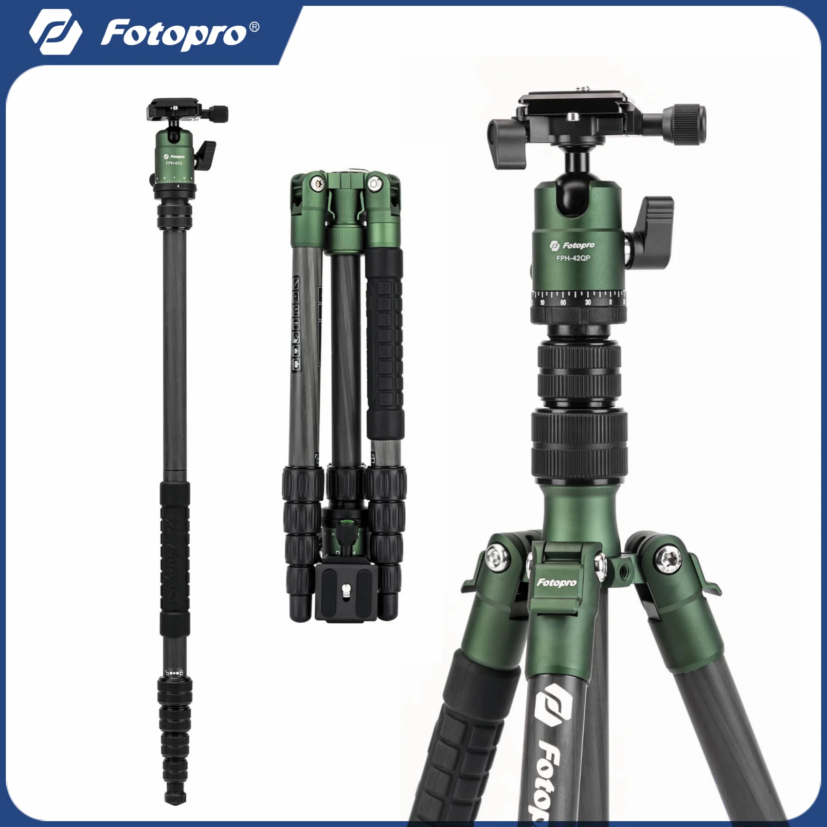 

Fotopro 59" Carbon Fiber Travel Tripod Compact Camera Tripod for DSLR Smartphone Maxload 8KG X-GO E2