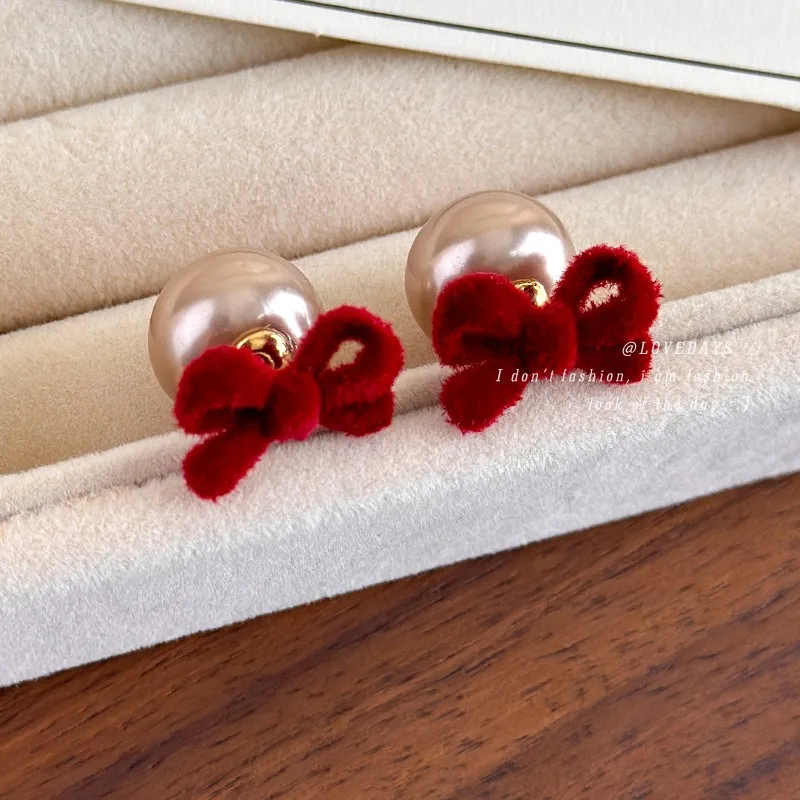 Retro Red Velvet Bow Pearl Stud Earrings Premium Soft Texture Double Sided Design Niche Versatile Daily Ear Decor for Woman