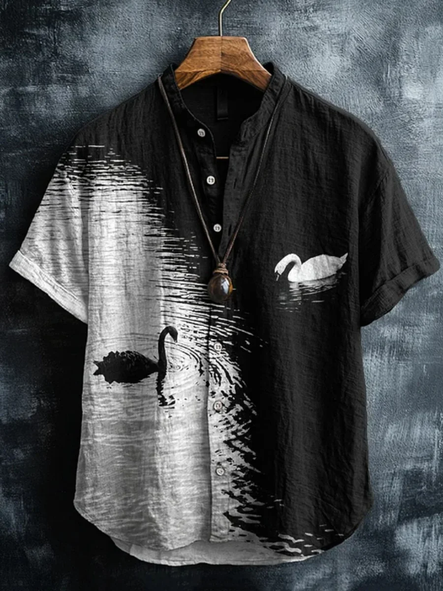 2026 Summer Men's Short Sleeve Shirt Stand Collar Landscape Print Fashion Casual Retro Vacation Shirt Hawaiian Shirt XS-6XL Size