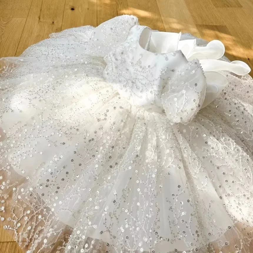 

Elegant Princess Dress for Girl's White Wedding Tutu Dress Flower Girl Birthday Party Dresses Kids Vestidos Princess Sequins