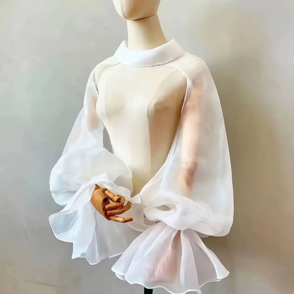 Elegant Puffy Bridal Sleeves Transparent High Neck Wedding Arm Sleeves Ruffles Lantern Sleeve Bride Shawl Sleeve Banquet Decor