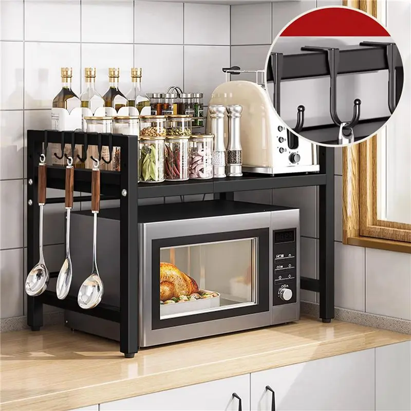 A08R-Extendable Microwave Oven Stand 2-Tier With Storage Shelf Heavy Duty With 6 Hooks