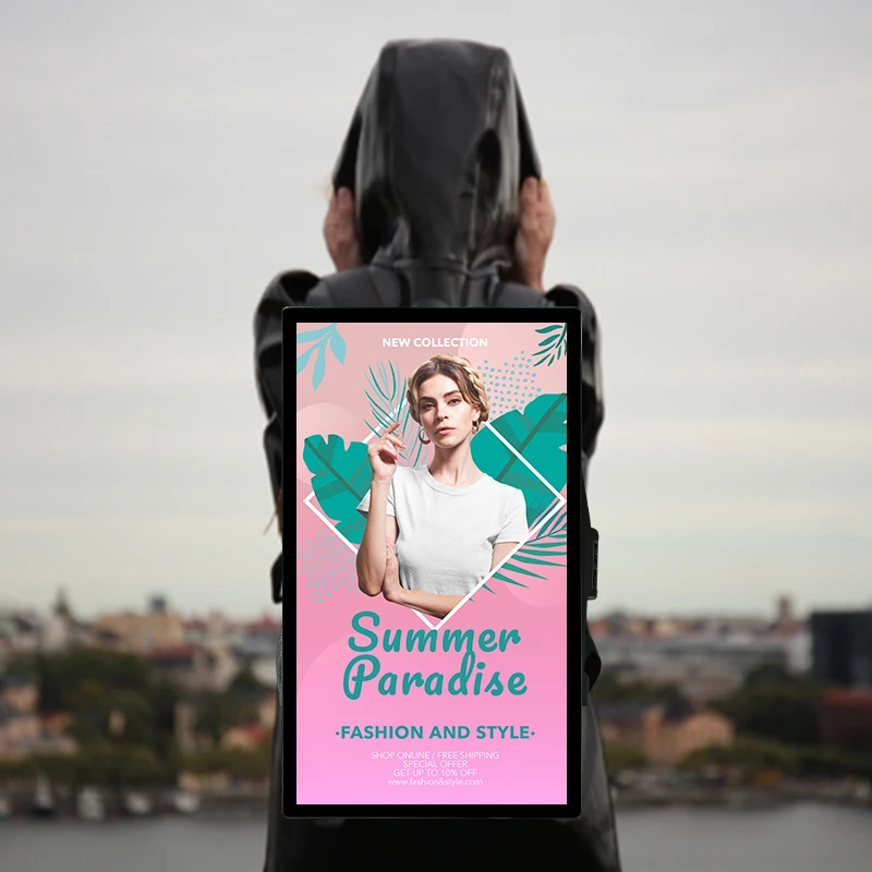 VETO 21.5 بوصة مشغل إعلانات المشي المحمول لوحة الإعلانات الرقمية على ظهره لافتات رقمية