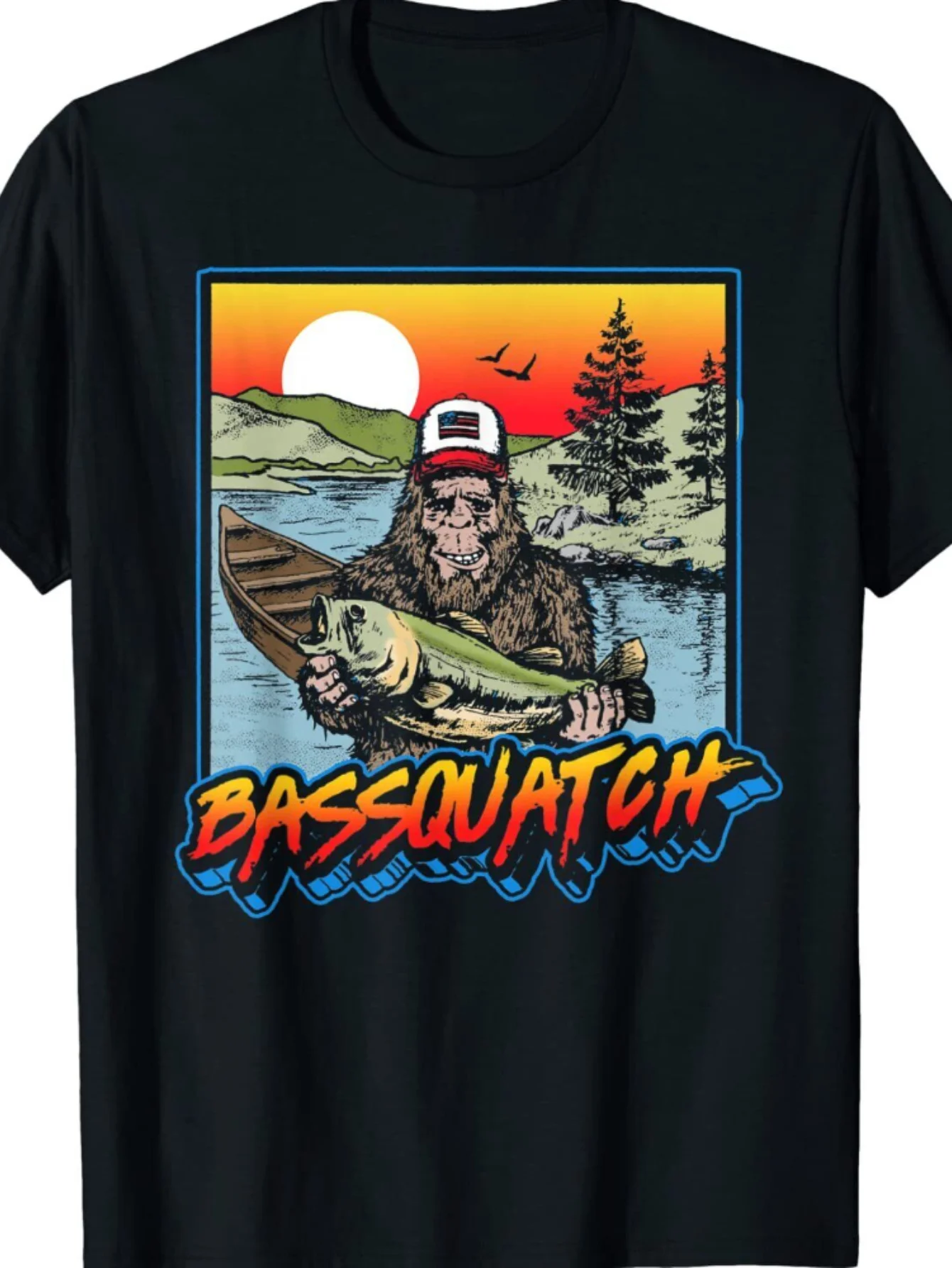 

Funny Bassquatch Bigfoot Fisherman Graphic Print T-Shirt 100% Cotton O-Neck Short Sleeve Summer Casual Mens T-shirt Streetwear