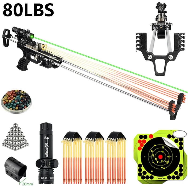 

80lbs Laser Aiming Scalable Long Rod Slingshot Strong Dual Purpose Metal Slingshot Outdoor Hunting and Shooting Package