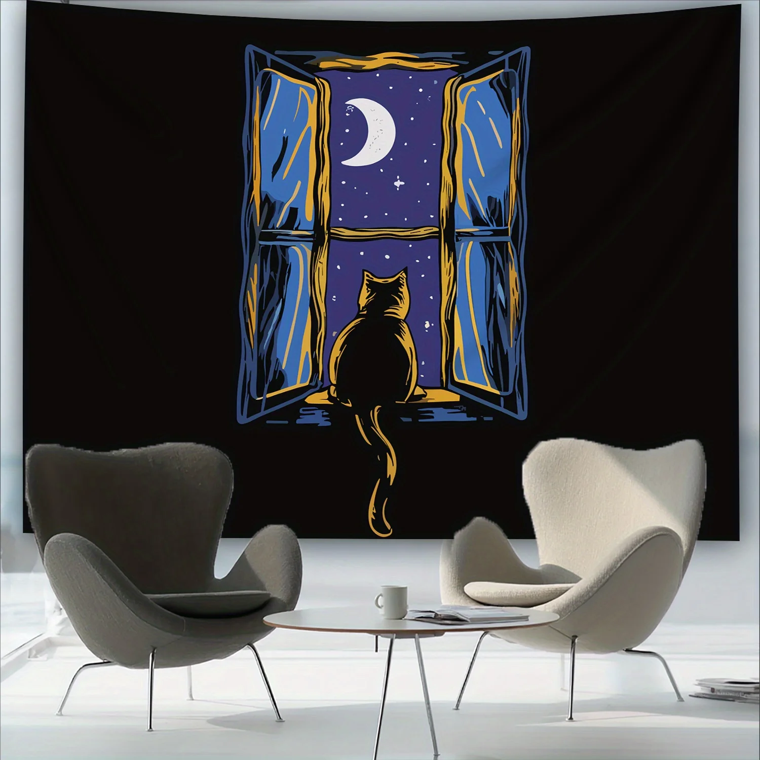 Tapisserie de chat Anime Ultra grande, 1 pièce, scène de nuit sérenée avec croissant de lune et étoiles, tenture murale en Polyester à impression numérique HD pour