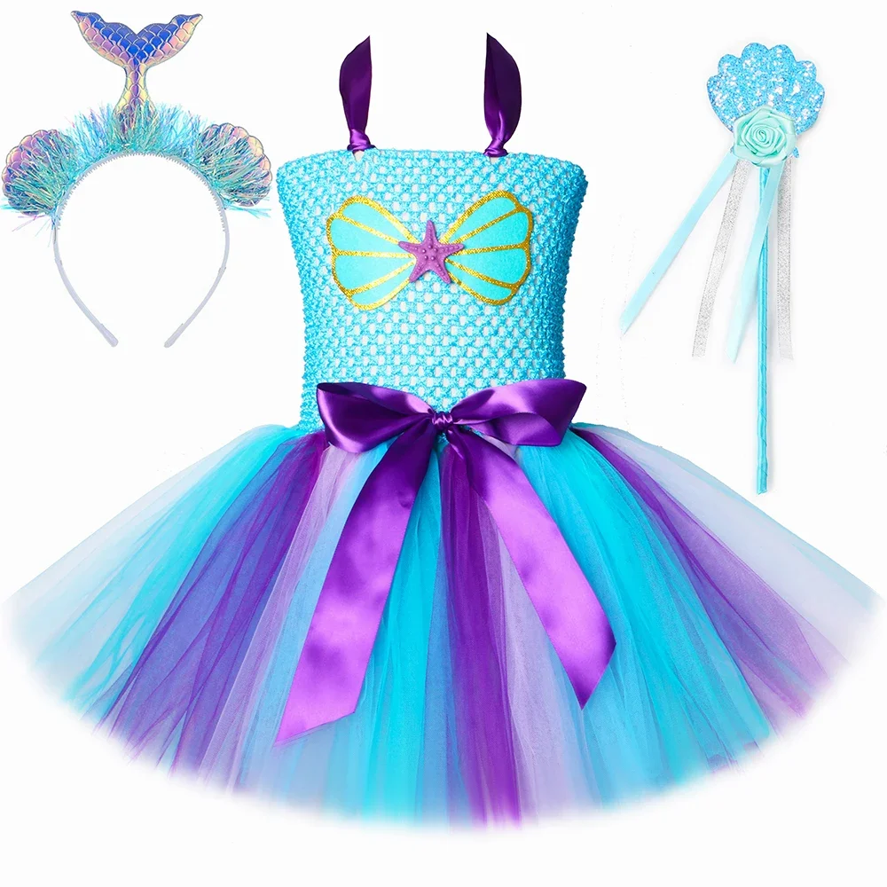 HJTT Mermaid Tutu Dress for Girls Starfish Shell Ocean Theme Princess Dress Up Toddler Kids Halloween Birthday Party Costume