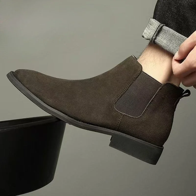 ​Men's Suede Leather High Top Chelsea Boots 2025 New Winter British Trendy Hidden Lift Work Boots Black​