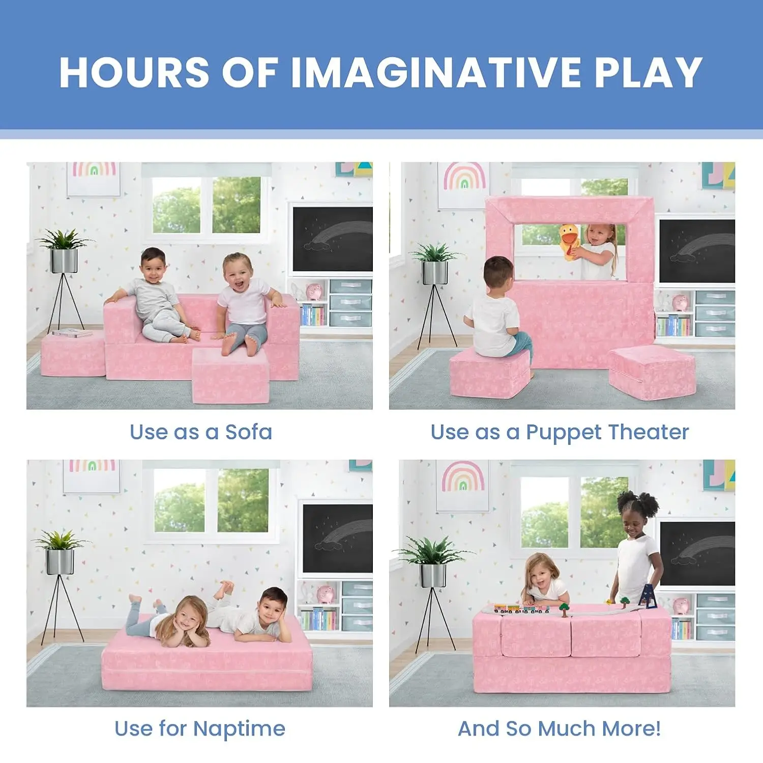 Conjunto de sofá infantil conversível, veludo rosa de 3 peças, móveis multiuso para crianças