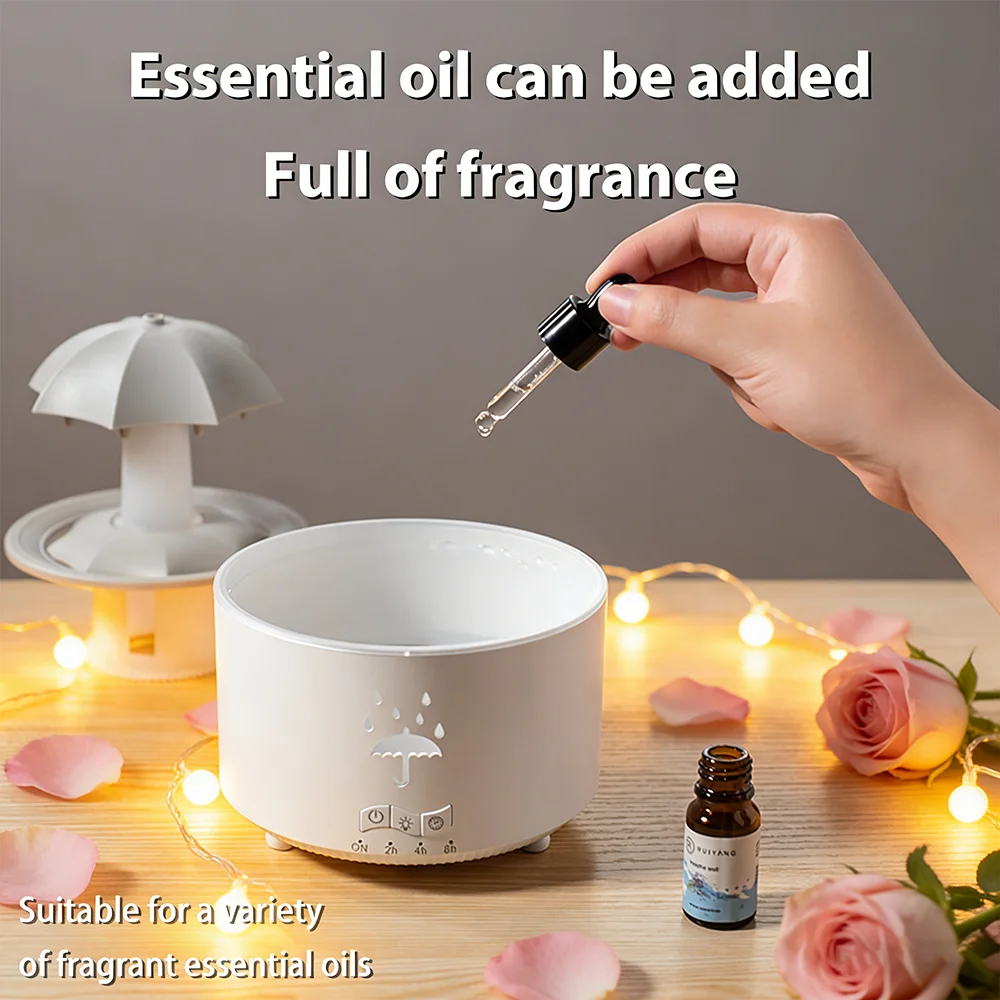 ناشر رائحة قطرة المطر المقلد الجديد الدوار لعام 2025 مع أضواء محيطة بـ 7 ألوان، و3 إعدادات للمؤقت، ومرطب هواء هادئ