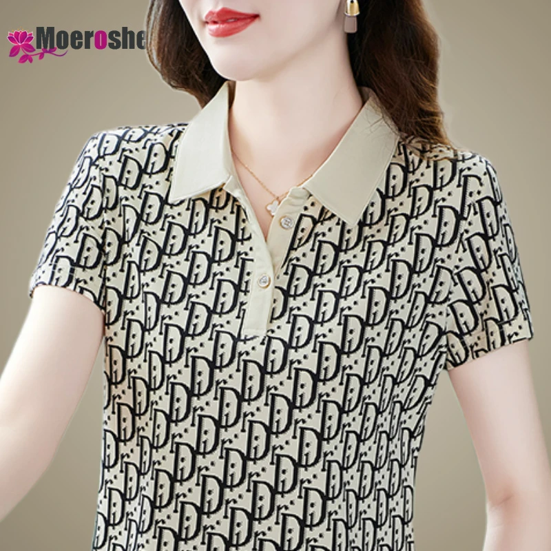 Summer Ladies Print POLO Shirt Crop T-shirt Women\'s Short Sleeve Top Shirts Youthful Woman Clothes Pulovers Basic T-shirts Tops