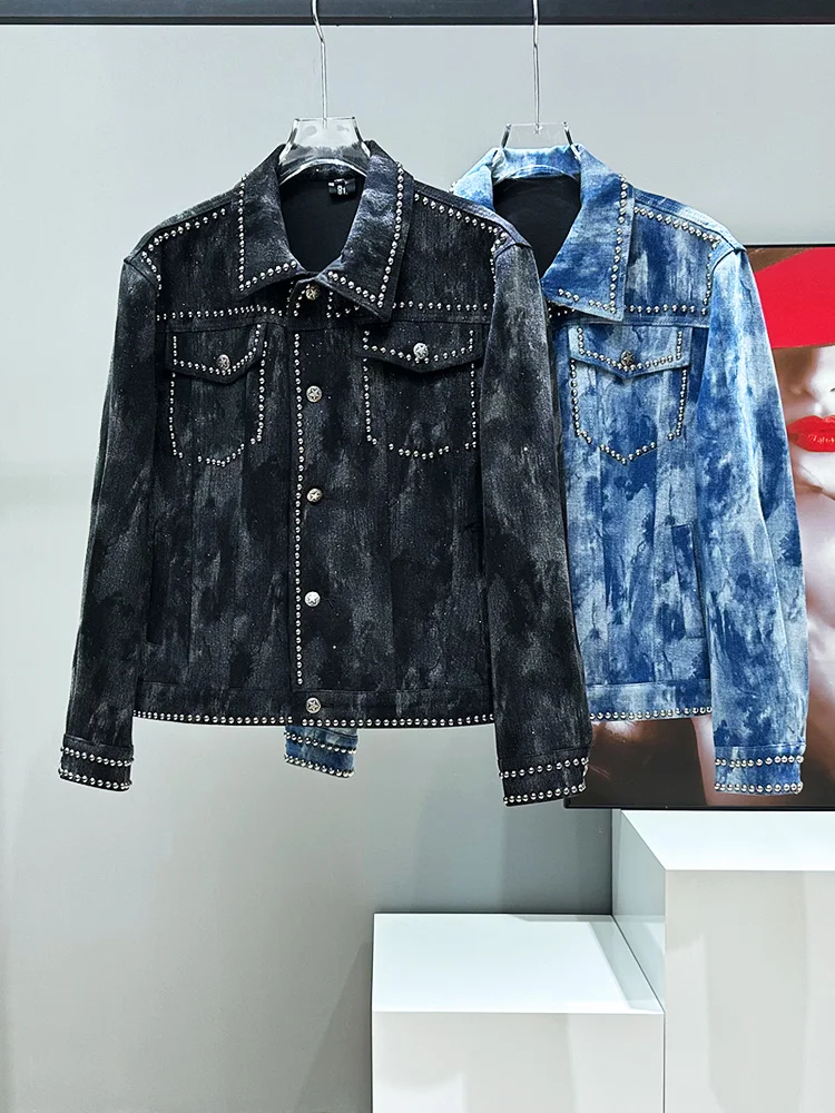 

Original Home Spring New Sle Worn-In Denim Jaet Men's Trendy Turn-down Collar Rivet ort Heavy-du Top Youth Faion