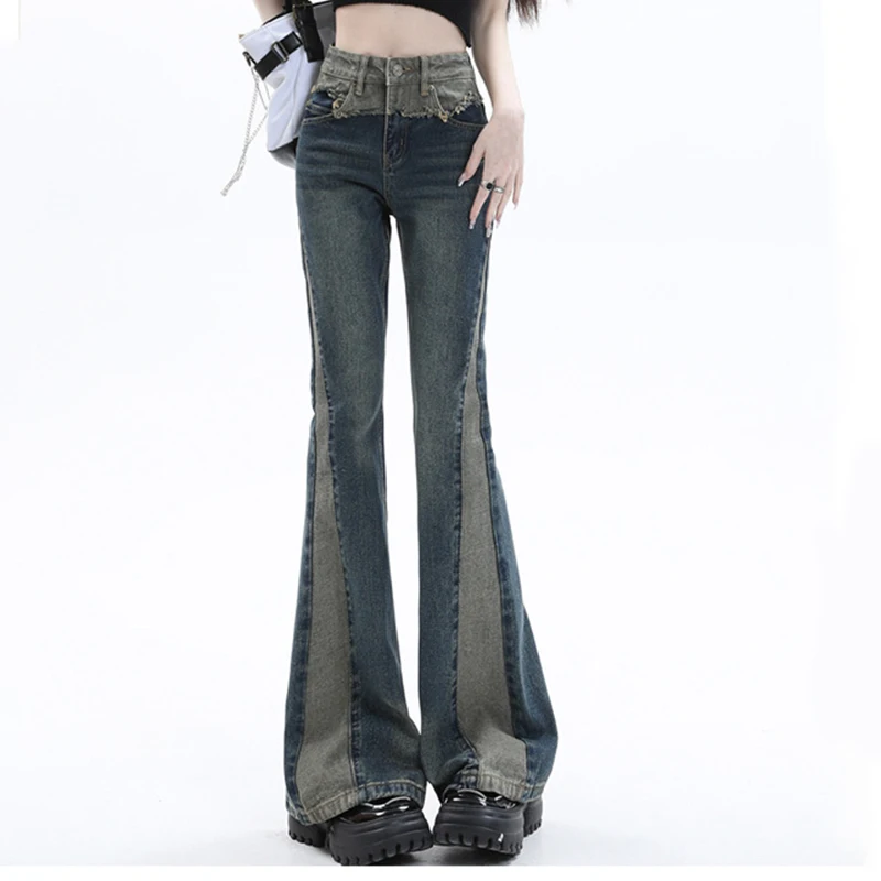 

American Vintage Blue Spliced Flared Denim Pants Niche Stylish Raw Edge High Waist Slim Jean Trousers Summer All-Match Trousers