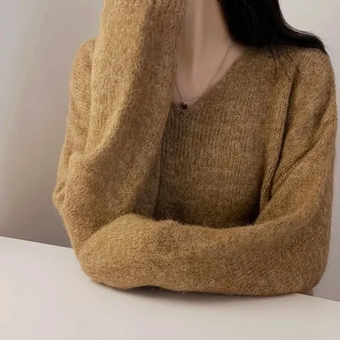 أنيقة فضفاضة V-Ne محبوك سترة المرأة البني رقيق عادية الخريف الشتاء Faion بسيط كسول Sle الأعلى تخفيف ودية