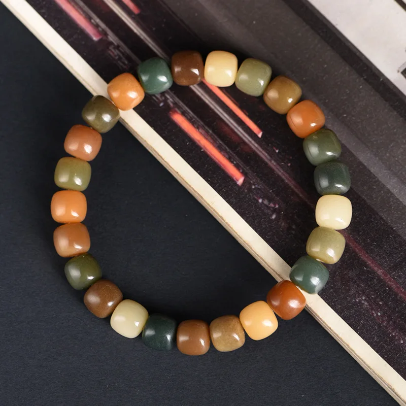 Weathered multicolored candy-colored multi-gem white jade bodhi root Buddhist prayer beads bracelet, single-loop hand-wrapped br