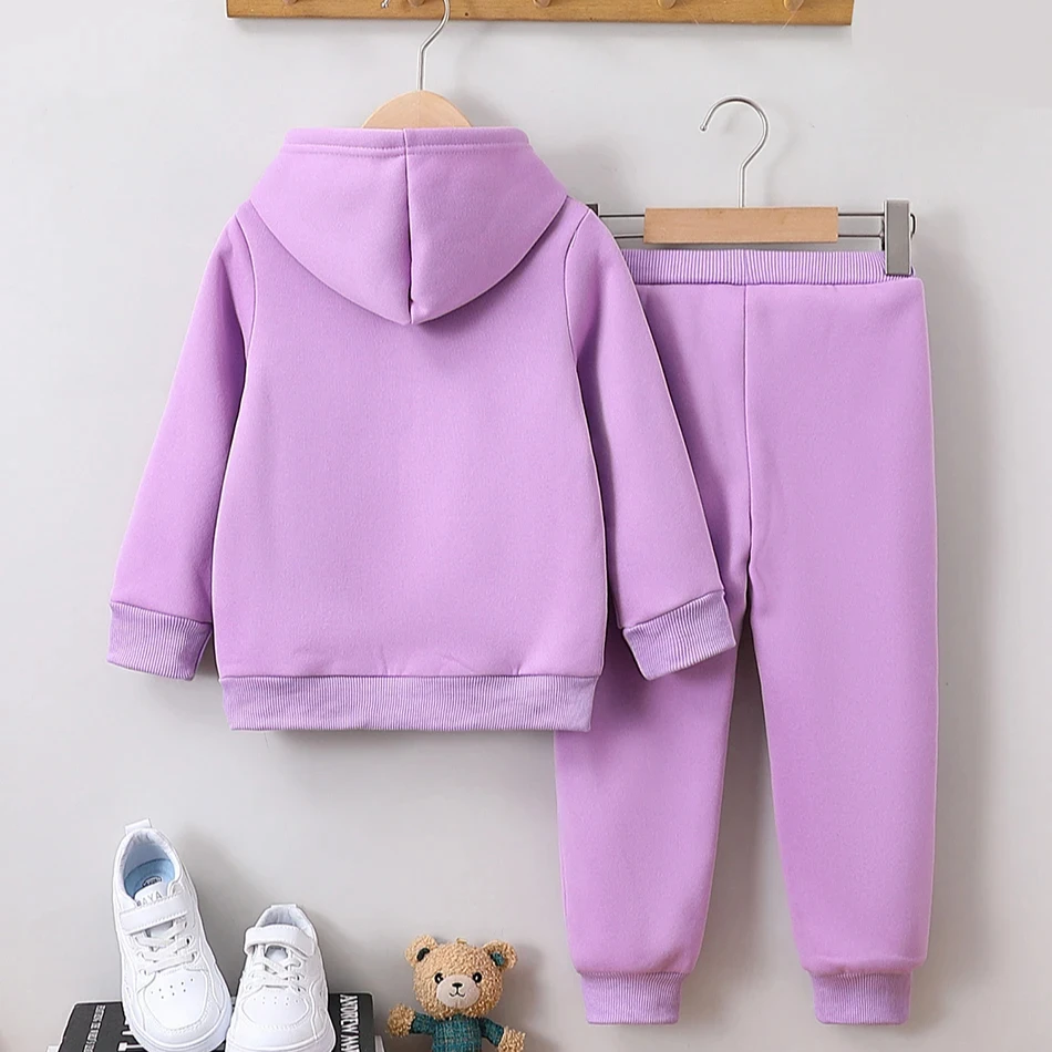 Girls Hoodie and Plush Lined Long Pants Set Exquisite Butterfly Pattern Chic and Cozy Autumn and Winter Casual Children Sets