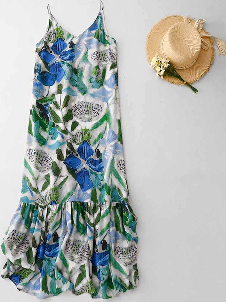 Beach Vaion V-Ne Estampado floral ter Dr Novedad de verano para mujer Estampado de acuarela Dobladillo de encaje Mezcla de algodón de longitud media Dr