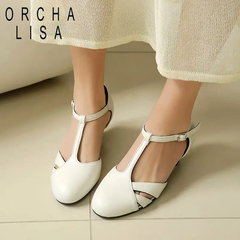 

ORCHA LISA Белые женские сандалии с круглым носком, на толстом каблуке 5 см, с Т-образным ремешком и пряжкой, большие размеры 41, 42, 43, мягкие повседневные женские туфли