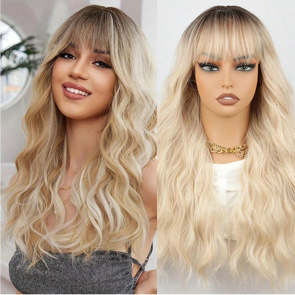 

Длинный волнистый парик с челкой для женщин 24-дюймовые натуральные вьющиеся синтетические парики блондинки с эффектом омбре для повседневной вечеринки, для косплея, термостойкие