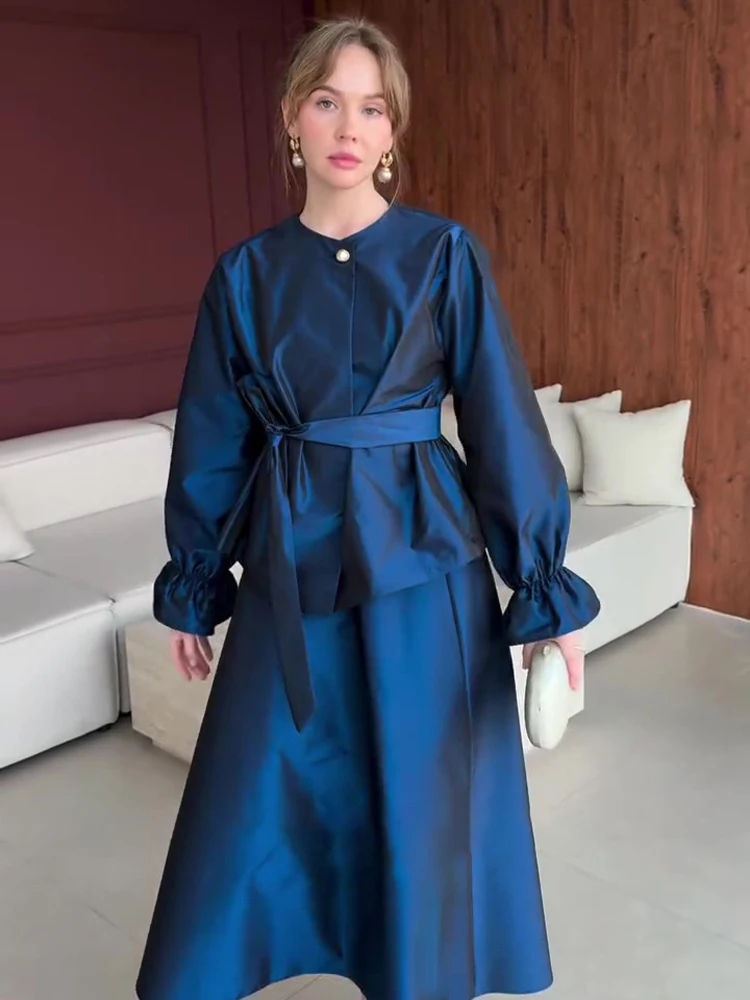 New Chic Solid Satin Long Skirt Set Women Chic Bell Sleeves Lace-up Loose Shirt High-waisted Skirts Suit 2026 Night Party Outfit