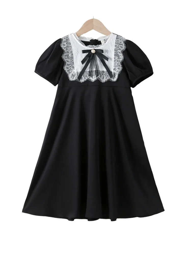 

Black Kids Dress Elegant Lolita Child Big Girls Midi Dress Summer Bow Children Dresses Teens Party Princess Clothes 2024 New