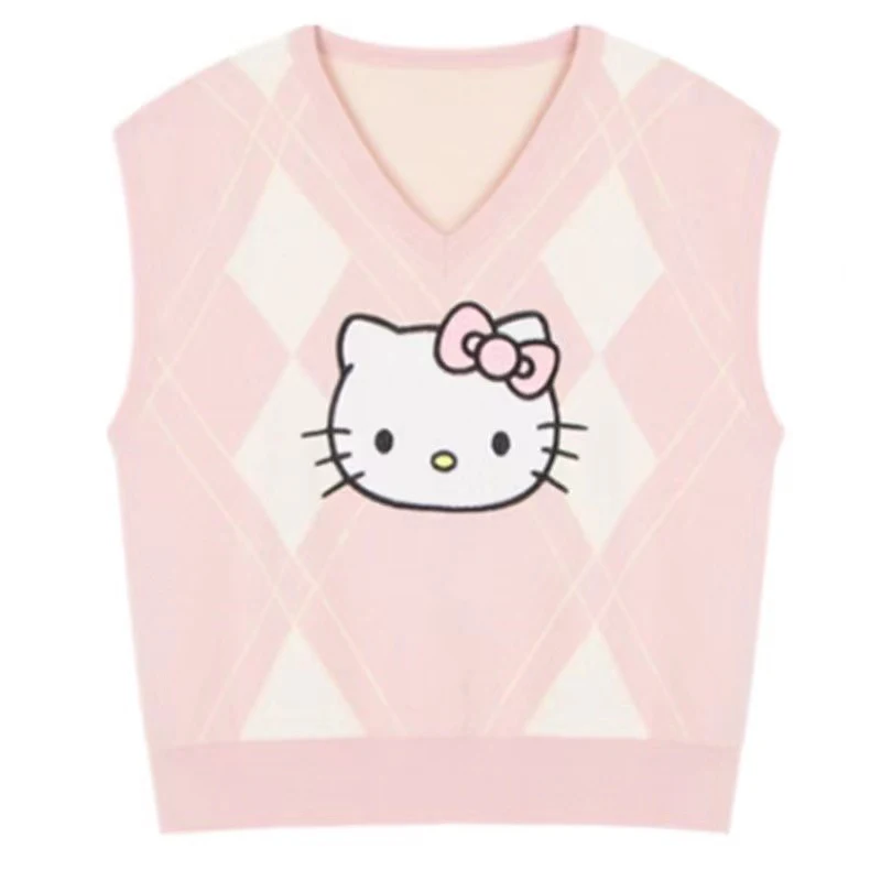 Hello Kitty Cartoon Vest Women Short Loose Trendy  Sleeveless Knitted V-Neck All-match Female Coats Simple Leisure Outwear