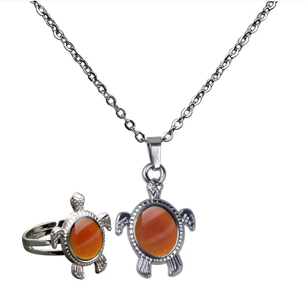 Color Changing Mood Stone Jewelry Set Adjustable Turtle Necklace Ring Stainless Steel Chains for Women Men Teen Fashion