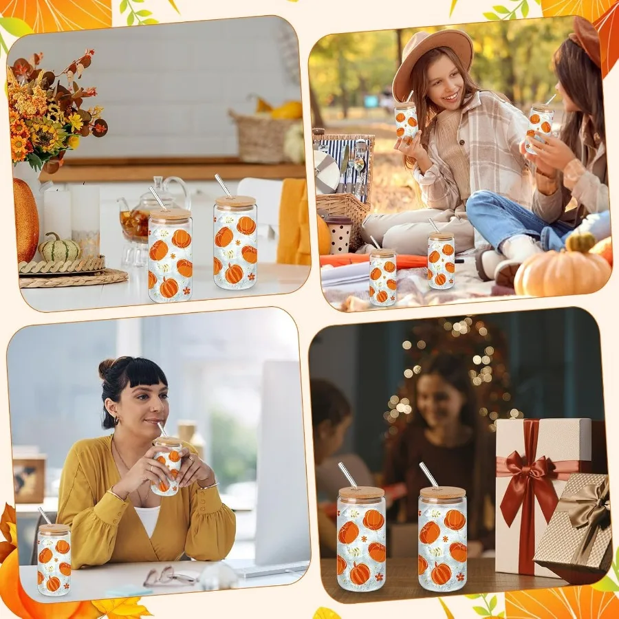24 قطعة أكواب زجاجية لخريف اليقطين السائبة 16 أونصة تغيير لون الخريف اليقطين أكواب للشرب مع أغطية القش فرش مضحك الخريف تو #5