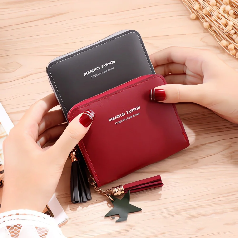 New Simple Fashion Women Coin Purse PU Leather Solid Color Vintage Zipper Short Wallet Exquisite Girls Card Holder Clutch Bag