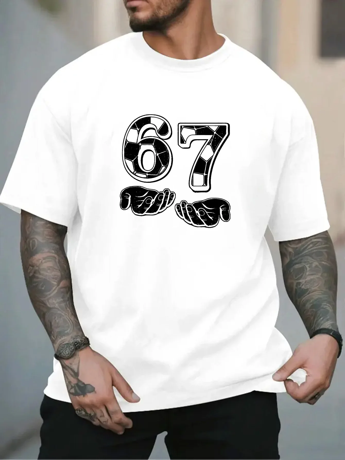 Men Black Crew Neck Tee Football Texture Number 67 Open Palms Hands Graphic Soccer Sports Fan Casual Soft Cotton Male Tops