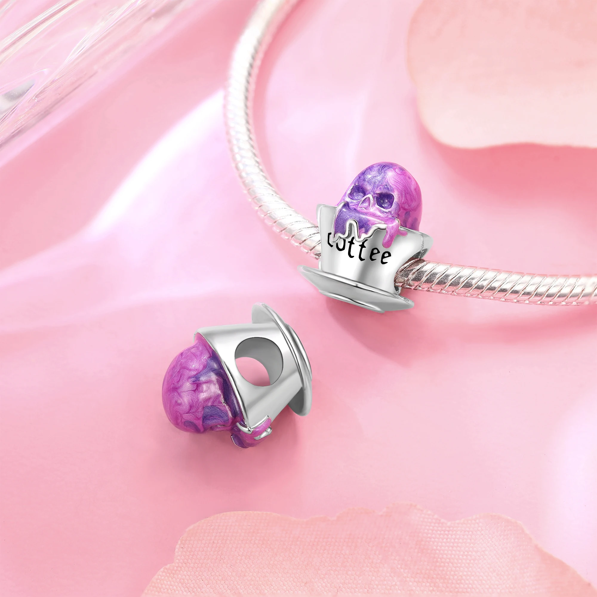 

Серебро 925, фиолетовые, жидкие, с черепом, чашка для кофе, бусины, подходят для оригинального браслета, очаровательные бусины, ожерелье, женские украшения своими руками.