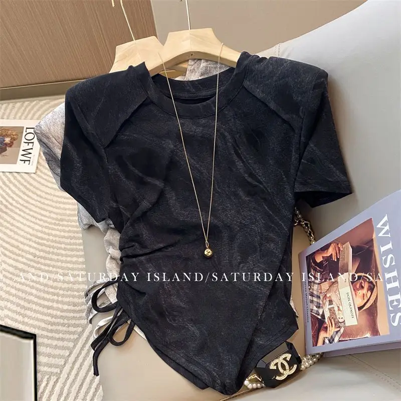 High Street Short Sleeve Tie Dye Drawstring Irregular Tops New Summer Youth Slim Fashion T Shirts Korean Trend Women Clothing