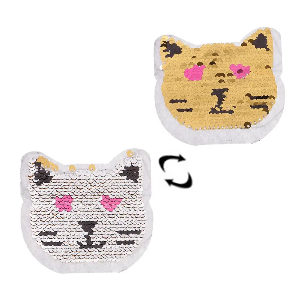 Catoon Cat Reversible Patch Embroidered Iron on Sew on Applique Glitter Sequin for Jeans T-shirts Clothing