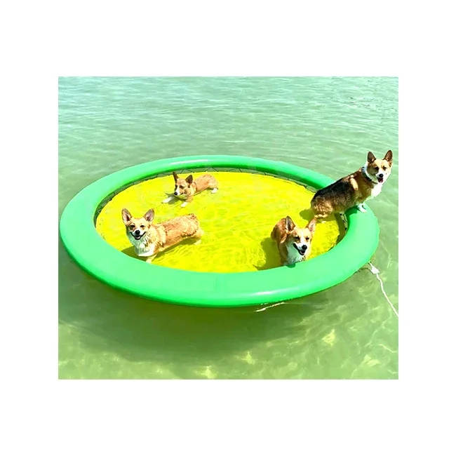 Round Inflatable Water Hammock Floating Platform Swimming Pool Mat With Mesh Dog Ramp