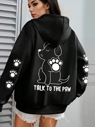 Talk To The Paw Funny Dog Cartoon Print Hoodie Women Warm Fleece Hoody Fashion Casual Hooded Autumn Loose Round Neck Woman Tops