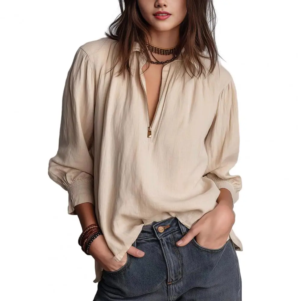 

Women Shirt Women Lapel Shirt Women’s Half Zip Shirt Lantern Sleeve Blouse Pullover Retro Loose Fit Top with Lapel for Work