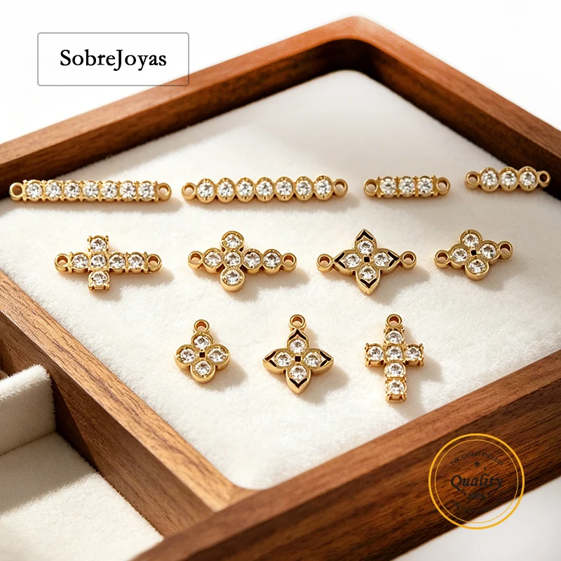 14K Gold Filled Four Leaf/Cross/Bar/Flower/Blank Disc Connector With CZ Stone Wholesale Jewelry Findings 1/20 14kt Yellow GF