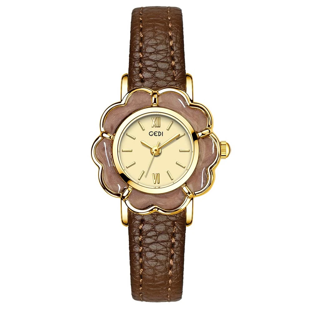 2025 Fashion Gedi Brand High-end Retro Floral Watch Women's Luxury Quartz Timepiece With Waterproofleather Strap Gift For Woman